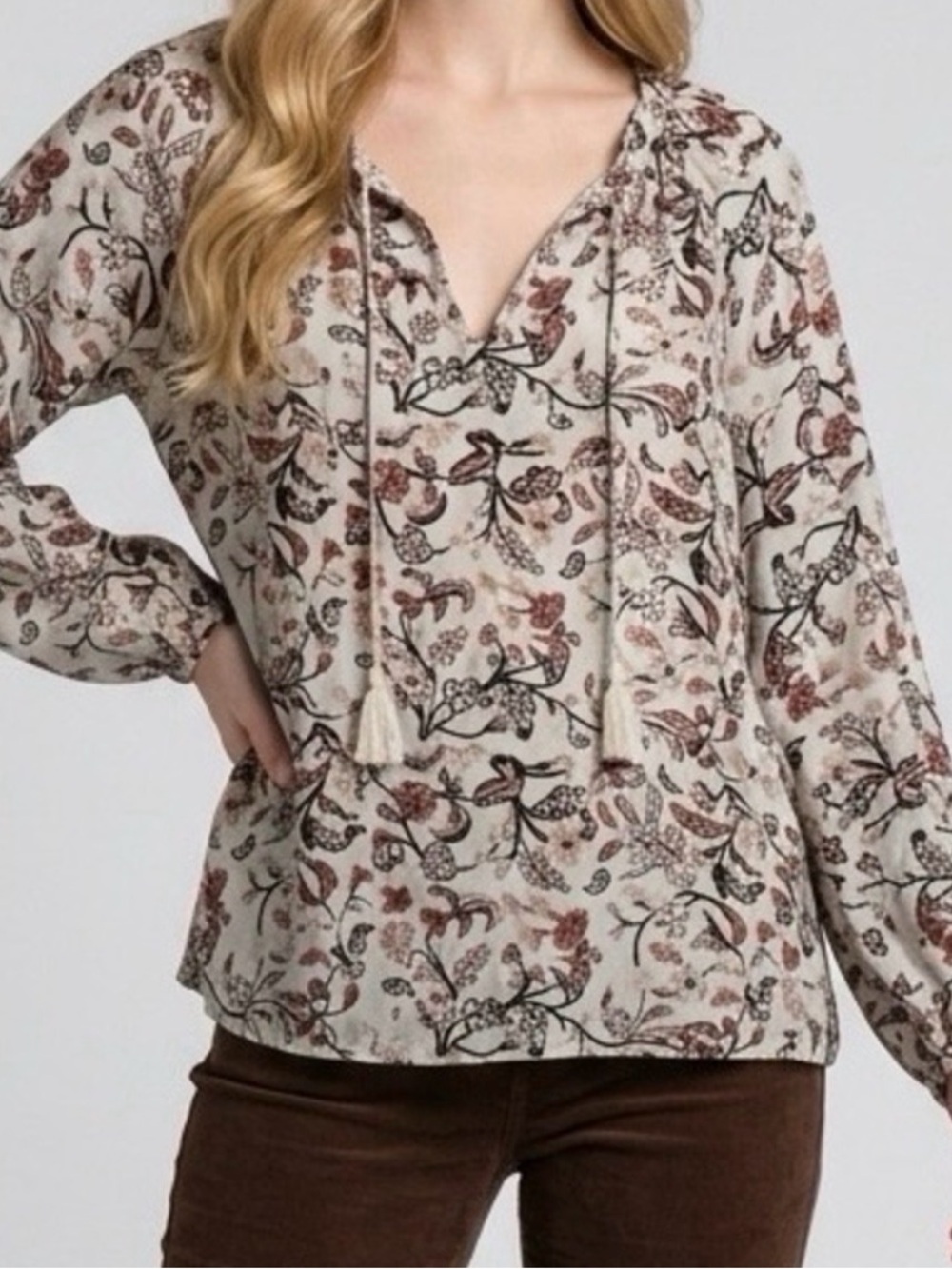 Lucky Brand Cream Floral Peasant Blouse with Brown and Black Print
